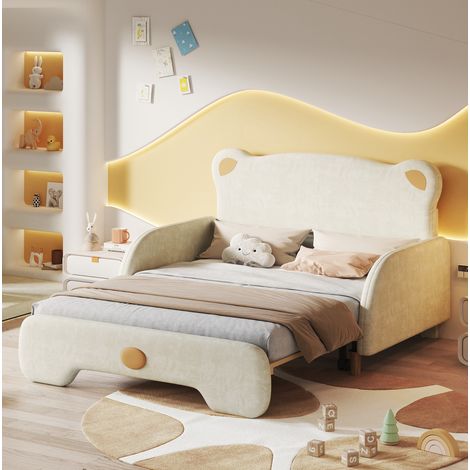 Cama 140x200 cm de terciopelo beige con cama nido, ahorra espacio, sin colchón – MEUBLIV (1/5)