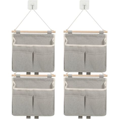 Paquete de 4 bolsas de almacenamiento colgantes impermeables de lino y algodón gris para pared. (1/5)