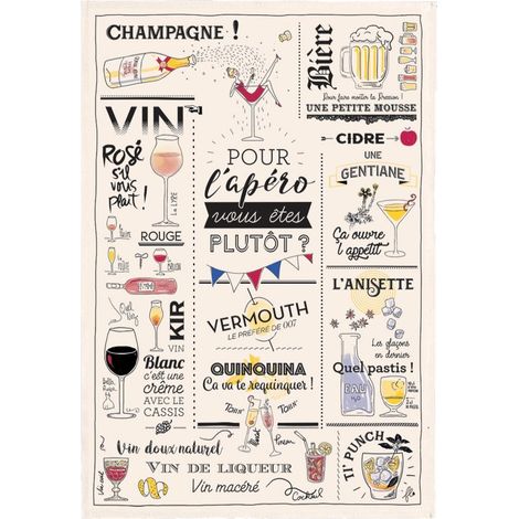 Torchon de Cuisine à Motif Verres et Apéritifs 100% Coton Écru 48 x 72 cm - PANGIVO