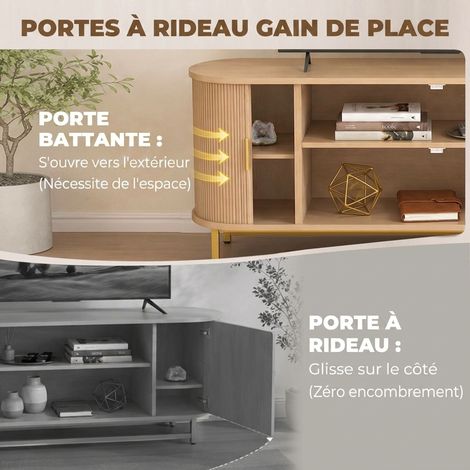 Meuble TV 140 cm avec 2 Prises et 2 Ports, Meuble Télé pour 84 Pouces, 2 Portes Battantes, 2 Portes Coulissantes, Chêne (1/5)