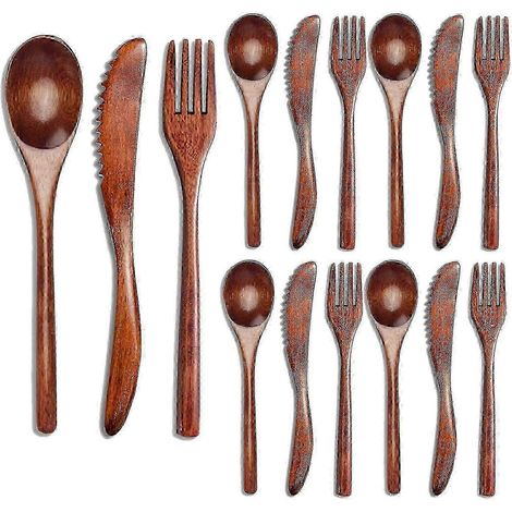 Ensemble de 15 couverts en bois avec cuillère, fourchette et couteau pour la cuisine et la salle à manger, ustensiles de table écologiques (1/5)