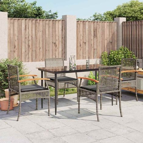 Ensemble repas de jardin 5 pièces en résine tressée, table noire, chaises grises avec coussins - PANGIVO (1/5)