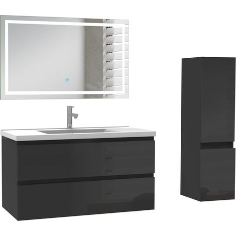 Ocean Ensemble de Meuble de salle de Bain 99cm Noir Haut Brillant avec Miroir LED, colonne 110 cm