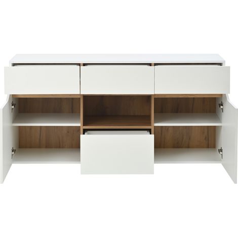 Credenza da soggiorno 140 x 40 x 70 cm con 4 cassetti, 2 ante e LED, bianco e legno (1/5)