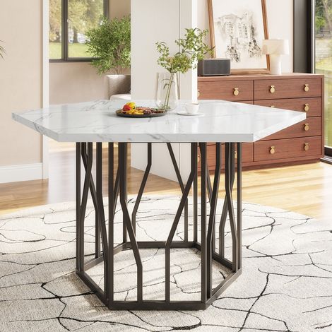 Table de salle à manger hexagonal MDF blanco efecto mármol y acero negro 115,5x100x75 cm (1/5)