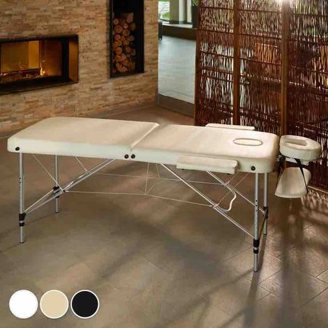 Table de massage pliable en aluminium beige avec réglage de hauteur et accoudoirs. (1/5)