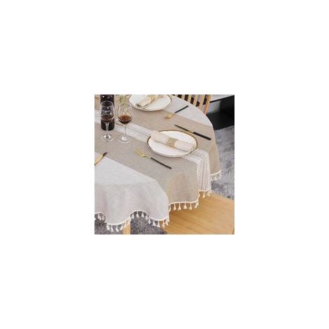 Nappe ronde 140 cm en coton lavable, infroissable et anti-poussière, avec pompons et broderie à rayures, idéale pour la cuisine, la salle à manger, la table à manger, la table basse ou la table de jar (1/5)