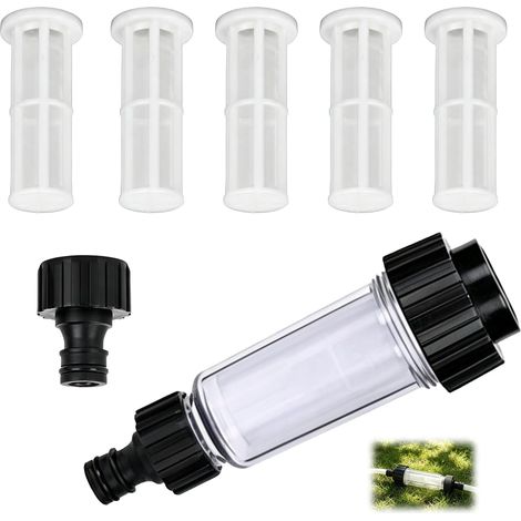 Filtre à Eau pour Tuyau d’Arrosage 3/4 Pouce, Filtre à Eau Avec Insert, 3/4 Filtre Tuyau Arrosage, avec 5 Filtres Remplaçables et 2 Connecteurs, Protection Pompe et Nettoyeurs Haute Pression (1/5)