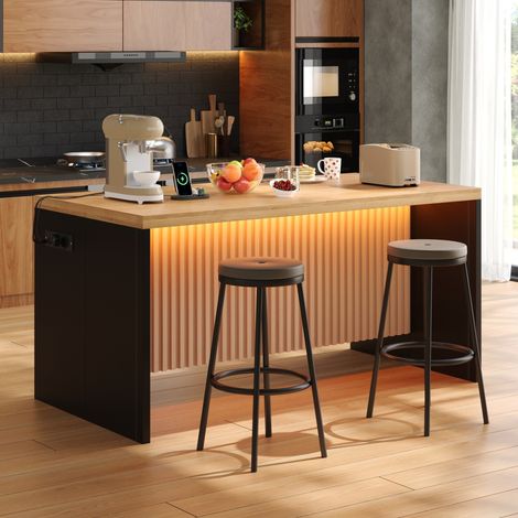 Îlot de cuisine 155x80x90 cm en MDF noir et naturel, LED, USB, style industriel FloraGrace (1/5)