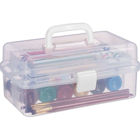 Relaxdays Storage Box with 9 Compartments, Sorting for Craft & Art Supplies, Sewing Kit, 14.5 x 33 x 19 cm, Clear/White