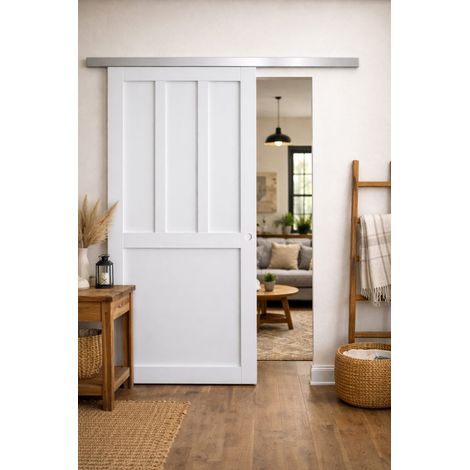 Puerta corredera de taller de 2 paneles blancos H204 x L73 cm, riel de aluminio, conchas blancas Gd Menuseries