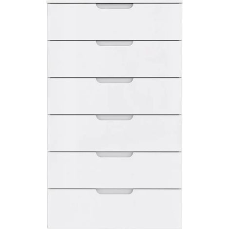 Chiffonnier 117 cm 6 tiroirs blanc laqué et mat – Façades brillantes et côtés mats – Rangement optimisé pour espaces réduits – Meubletmoi (1/4)