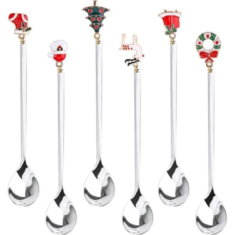 Cuillère à thé de Noël, lot de 6 cuillères à thé de Noël en acier argenté, avec pendentif sapin de Noël et clochette en forme de chapeau d'élan, coffret cadeau (1/5)