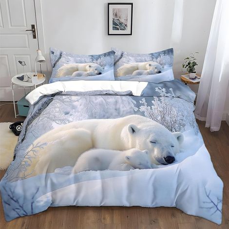 Housse de Couette 240x260 cm Animal Ours Polaire Parure de Lit Enfant Adulte, Bleu Imprimé Literie Doux Parure Housse Couette Linge de Lit 2 Personnes en Coton Polyester + 2 Taie d'oreiller - 240 x 26 (1/5)