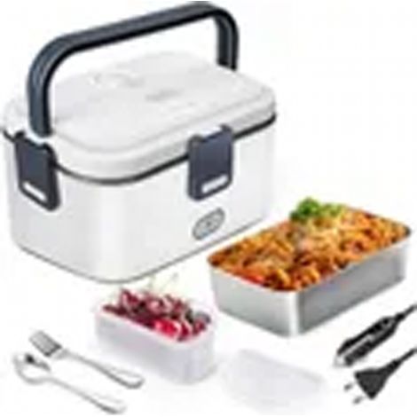 gamelle chauffante,Lunch Box Chauffante12/24/220V 1.8L Électrique Acier Inoxydable Chauffage Rapide Gamelle.(Blanc) (1/4)