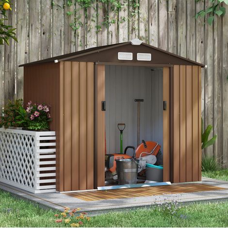 Cobertizo de jardín de acero con marco base y puertas correderas, 213 x 130 x 185 cm, marrón (1/5)