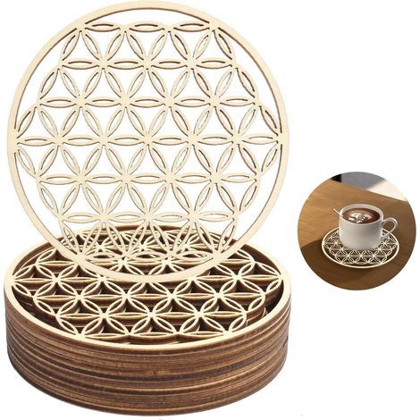10 Meditationsuntersetzer aus Holz mit Lebensblumen-Motiv, 10 x 10 cm, Birkenholz, für Yoga und als Dekoration für Zuhause oder Büro. (1/5)
