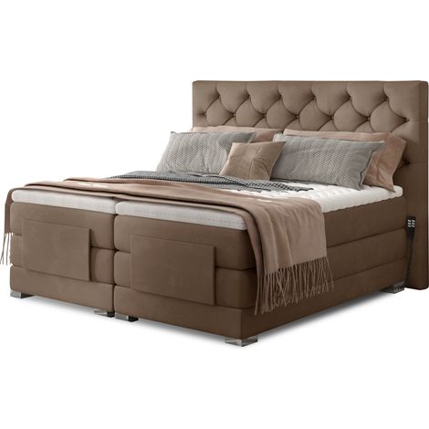 Lit continental électrique velours marron clair avec matelas et surmatelas Karmen-160x200 (1/5)