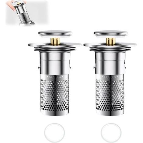 tappi per lavabo in acciaio inox, tappo per lavabo da bagno con filtro anti-intasamento, tappo universale a scomparsa per vasca da bagno e cucina (foro di scarico 34-40 mm) (1/5)