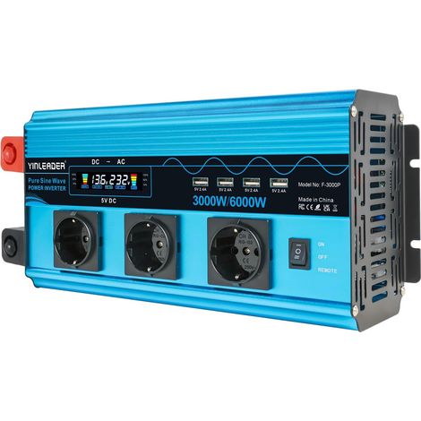 Convertisseur 12v 220v Pur Sinus 3000W/6000W Onduleur Pur Sinus 3 européennes sockets et 4 Ports USB LCD Affichage de la Tension (avec télécommande) (1/5)