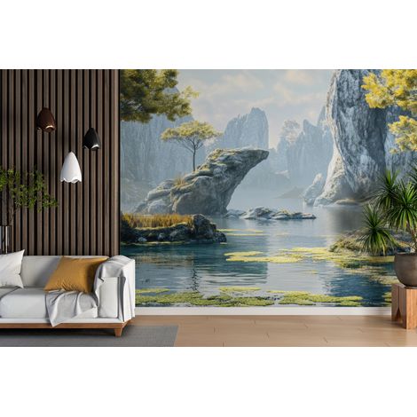 Papier peint cascades - rochers et lagon brumeux - 150 x 250 cm (1/2)