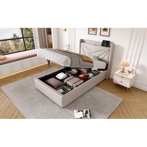 Lit single lit avec espace de rangement et coffre à outils doté d’une fonction de charge USB Type C. Structure du lit en matériau lin. Lit pour adolescents, dimensions 90x200 cm, avec sommier (sans ma (1/5)