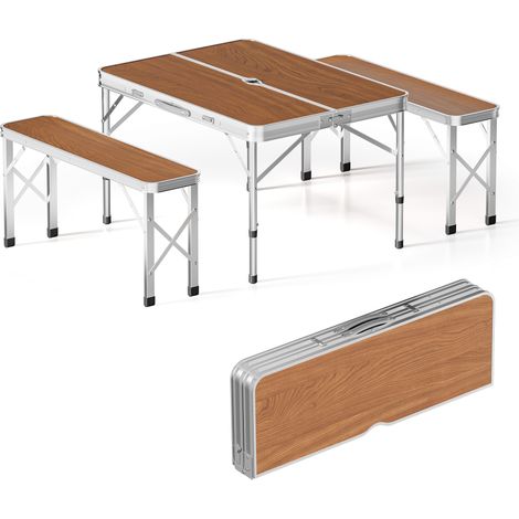 Wiltec Tavolo pieghevole in alluminio con due panche effetto legno 90x66x70 cm Richiudibile Da campeggio (1/5)