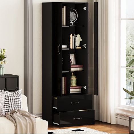 Vitrine LED sur pied à 2 portes noire 60 x 35 x 182,5 cm avec tiroirs et étagères (1/5)