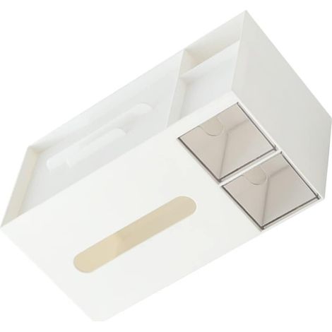 Dispensador de pañuelos multifuncional para oficina con soporte para teléfono, caja de pañuelos y práctico diseño blanco.