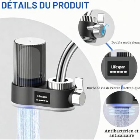 Filtre à eau pour robinet avec indicateur LED - Filtre à eau potable - élimine le chlore, les métaux lourds - Stérilisation UV - Filtre à eau du robinet (avec 2 filtres) - Pour cuisine, voyage (1/3)