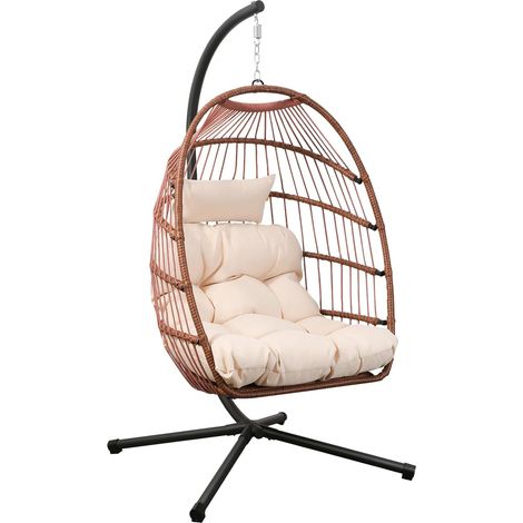 Chaise Suspendue en Forme d’œuf avec Structure de Support coussin moelleux et housse de protection anti‑pluie, conception inclinable pliable, charge maximale 204 kg, Brun rougeâtre (1/5)
