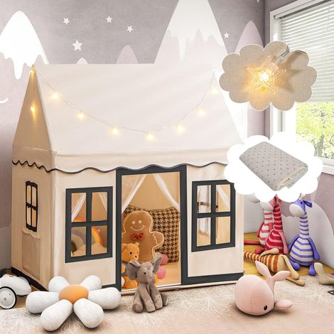 COSTWAY tienda campaña infantil, Casa de Actividad para Niños con Luces de Estrellas, Alfombra Lavable Antideslizante, Cortina de Malla para Interior y Exterior, tipi infantil de Más de 3 Años