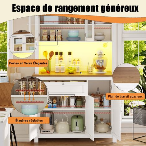 Meuble de cuisine haute (104×40×180cm), buffet vitré avec étagères réglables, armoire de rangement avec éclairage LED à couleurs variables, blanc. (1/5)