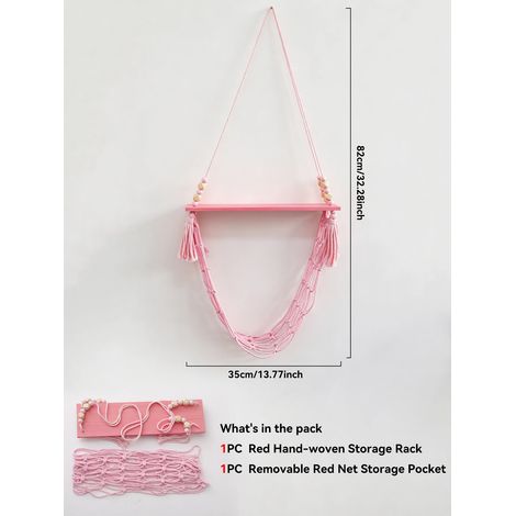 (Rose M03566) Étagère murale bohème en macramé avec panier en filet, étagère flottante en bois pour la décoration de la maison, de la chambre au salon, et le rangement de la cuisine. Idée cadeau. (1/5)