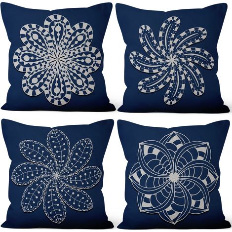 51x51cm Lot de 4 Housses de Coussin Bleu foncé, Fleurs et Moulins à Vent (1/5)