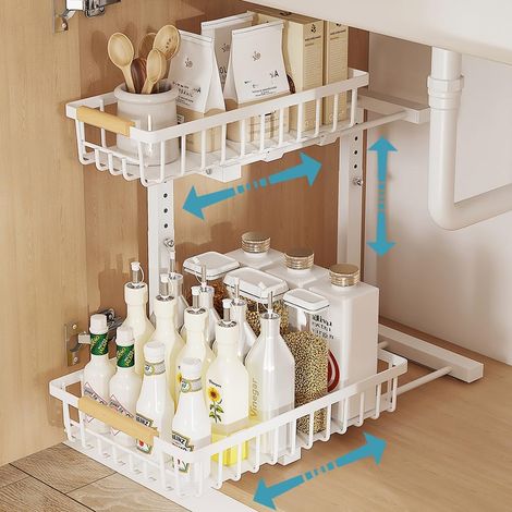 Rangement sous Évier à 2 Étages, Organisateur sous Evier Tiroir Coulissant à Extraction, Hauteur Réglable Étagère sous Évier pour Cuisine, Salle de Bain (Blanc)