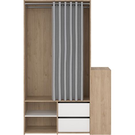 Kimmy armoire ouverte, avec rideau, 2 tiroirs, meuble à chaussures décor noyer, blanc, rideau gris clair.