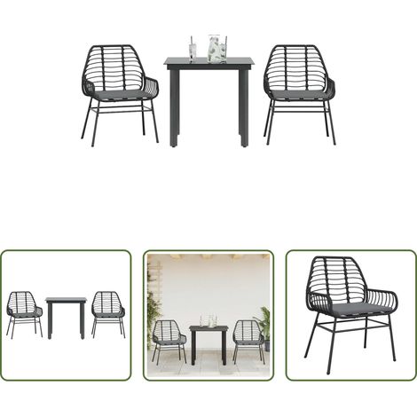 Gartentisch - 3-tlg. Garten-Essgruppe mit Kissen Schwarz Poly Rattan Glas (1/5)