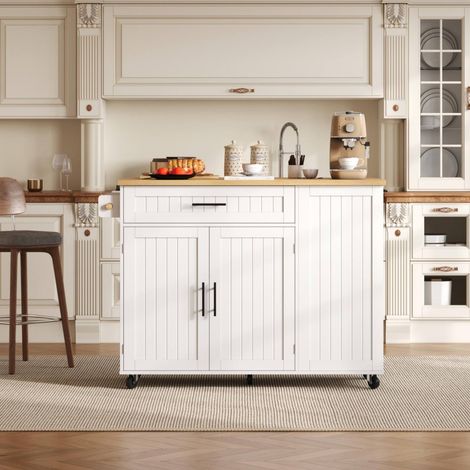 Îlot de cuisine 120x45x93 cm en MDF blanc avec rangement, gain de place, FloraGrace (1/5)