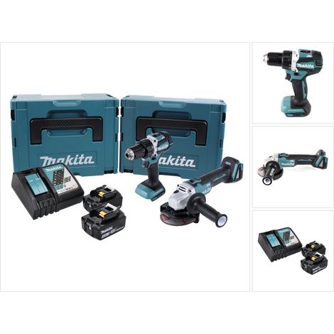 Makita – Kit combiné perceuse-visseuse sans fil 18V avec 2 batteries 5,0Ah – Meuleuse d'angle 18V – Chargeur rapide – 2x Makpac de rangement (1/5)