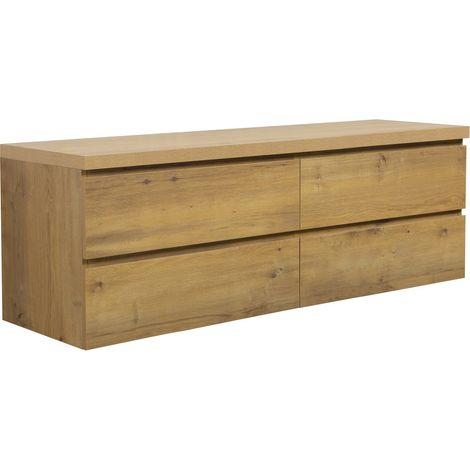 Badplaats – Meuble sous lavabo suspendu 160 x 48 x 54 cm – Chêne MDF – 4 tiroirs softclose sans poignée – Plan de toilette inclus (1/5)