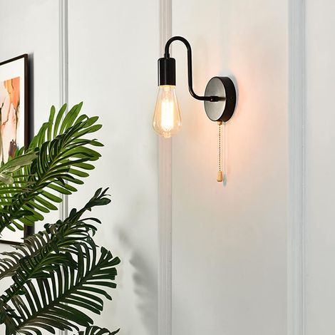 Applique murale rétro noire avec tirette, douille E27, style industriel vintage pour chambre ou salon, luminaire mural – sans ampoule (1/5)