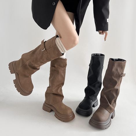 Bottes moto femme à semelle épaisse, hautes cavalières rétro à talon large, cuir à boucle, bout rond, faciles à enfiler, style décontracté. (1/4)