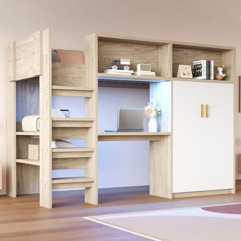 Lit mezzanine 90x200 cm structure en bois couleur naturelle avec bureau, gain de place – MEUBLIV (1/5)