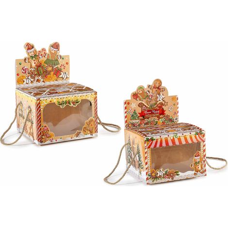 Scatole regalo di Natale in carta con finestra / vetrinetta trasparente e manici, stampa pan di zenzero, set da 24 pezzi, cm 17 x 17 x 26 H