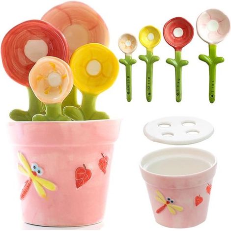 Juego de cucharas medidoras con forma de flor en maceta, Bonitas tazas cucharas medidoras cerámica soporte ingredientes secos húmedos, Color rosa (1/5)