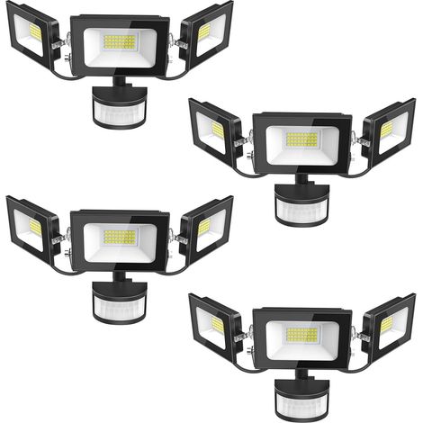 Projecteur LED Détecteur de Movement - 100W 10000LM Ultra Lumineux 3 Tête Spot LED Extérieur, IP65 Etanche Éclairage de Sécurité Extérieur PIR pour Cour Porche Jardin Garage, 4 Pack