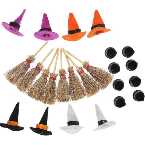 ensemble de mini chapeaux de sorcière, mini balai et petit chaudron pour Halloween - Décorations d'Halloween (1/4)