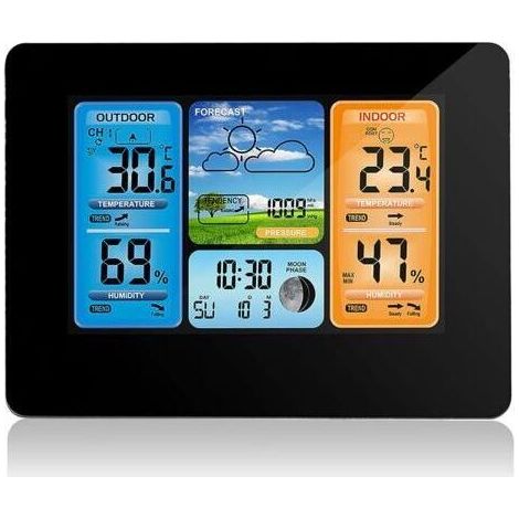 Station Météo Numérique de Prévision de Couleur, Horloge Météo avec Capteur Extérieur avec Capteur Extérieur avec Alerte, Température, Humidité(Noir) (1/5)