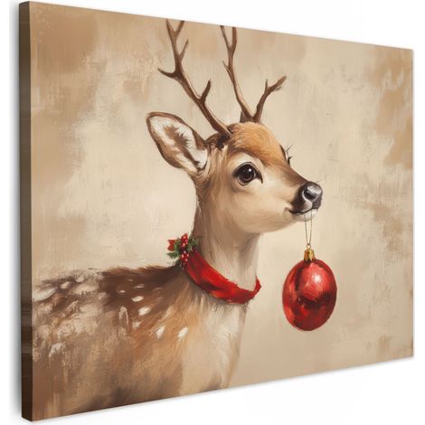 CUADRO EN LIENZO Navidad - Ciervo - Cornamenta - Bola de Navidad - Reno Lienzo Modernos 80x60 cm